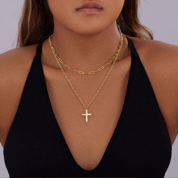 Women's Stackable Dainty Gold Plated Trendy Cross Chain Pendant Necklace - Picture 3 of 8